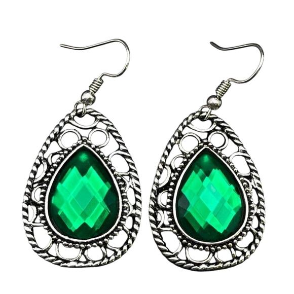 Silver & Emerald-Green Crystal Teardrop Earrings — Elegant Dangle Style - Picture 2 of 9